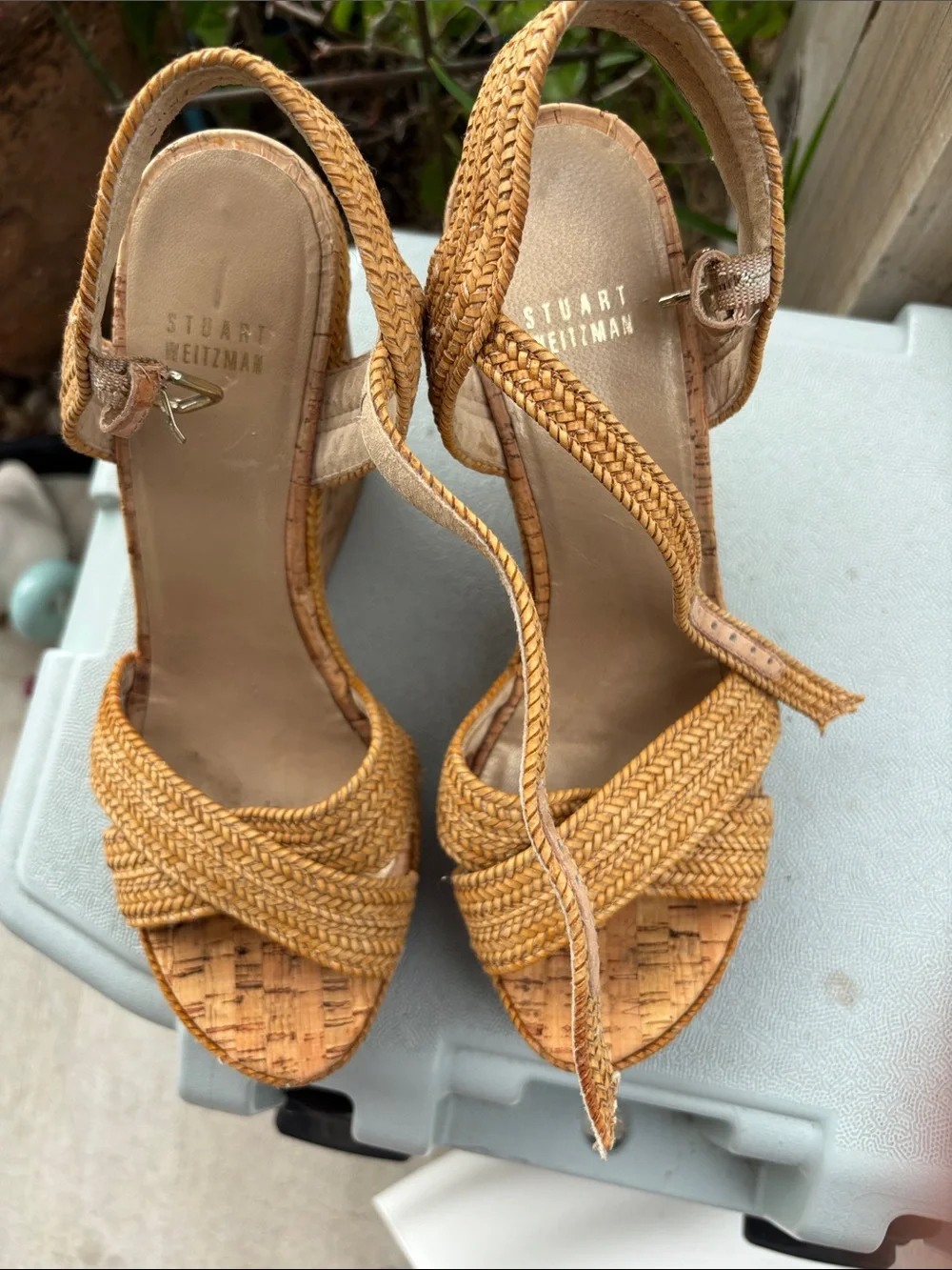 Stuart Weitzman Tan Braided Cork Wedge Sandals - Picture 1 of 7